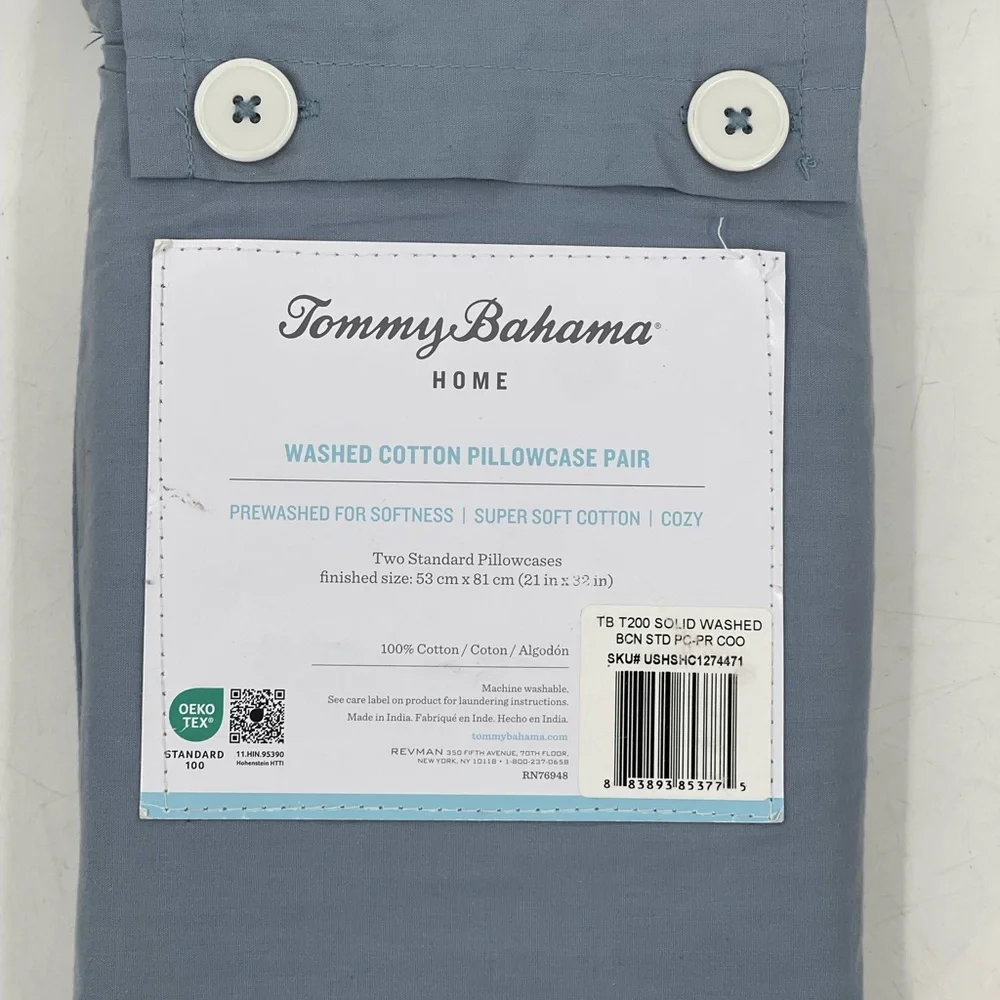 Tommy Bahama Set of 2 Standard Size‎ Pillowcases Teal Blue Washed Cotton NIP